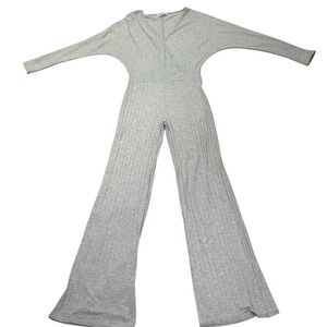 Femme Luxe Women's Gray Ribbed Knit Wide Leg Jumpsuit UK 10 V-Neck